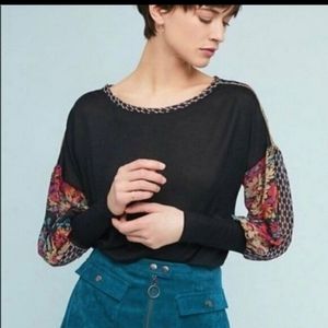Anthropologie Tiny Black Sheer Floral Balloon Sleeve BOH0 Raye Top Size Small